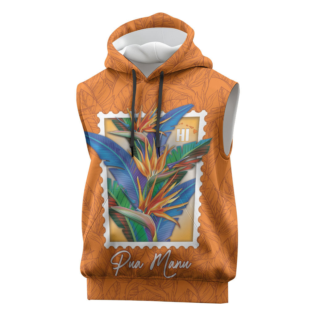 Aloha Hawaii Pua Manu Sleeveless Hoodie Hawaiian Bird of Paradise Flowers Stylized Stamp LT14 Orange - Polynesian Pride