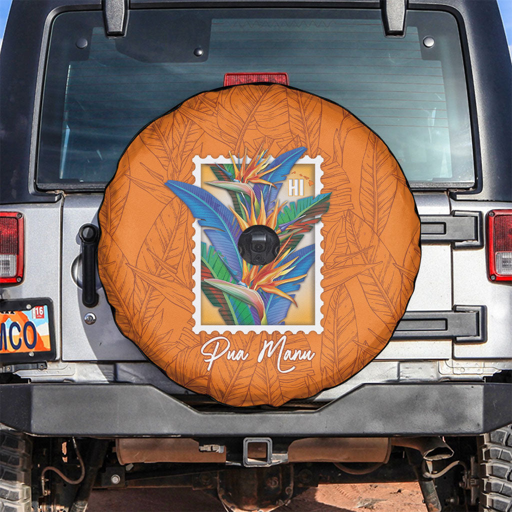 Aloha Hawaii Pua Manu Spare Tire Cover Hawaiian Bird of Paradise Flowers Stylized Stamp LT14 Orange - Polynesian Pride