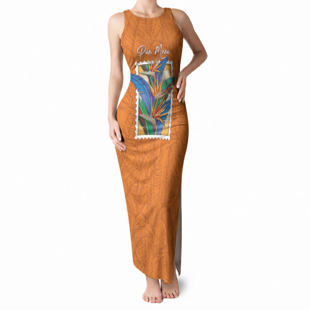 Aloha Hawaii Pua Manu Tank Maxi Dress Hawaiian Bird of Paradise Flowers Stylized Stamp