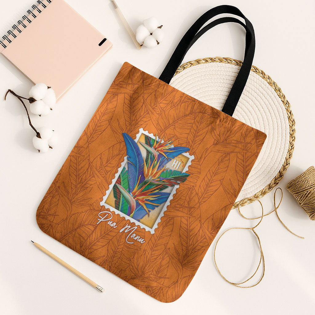 Aloha Hawaii Pua Manu Tote Bag Hawaiian Bird of Paradise Flowers Stylized Stamp