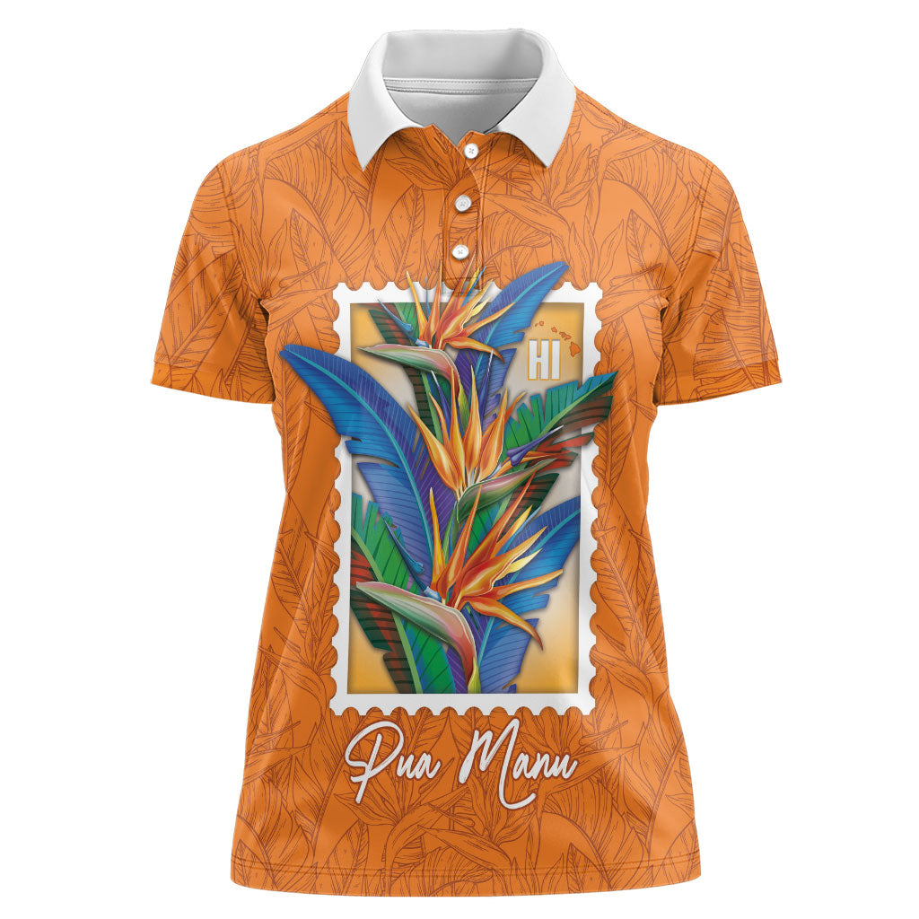 Aloha Hawaii Pua Manu Women Polo Shirt Hawaiian Bird of Paradise Flowers Stylized Stamp