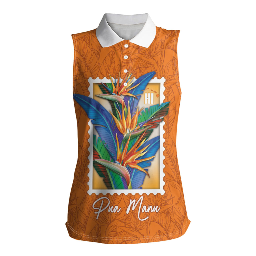 Aloha Hawaii Pua Manu Women Sleeveless Polo Shirt Hawaiian Bird of Paradise Flowers Stylized Stamp LT14 Female Orange - Polynesian Pride