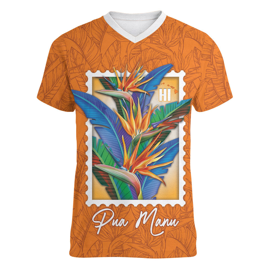 Aloha Hawaii Pua Manu Women V-Neck T-Shirt Hawaiian Bird of Paradise Flowers Stylized Stamp