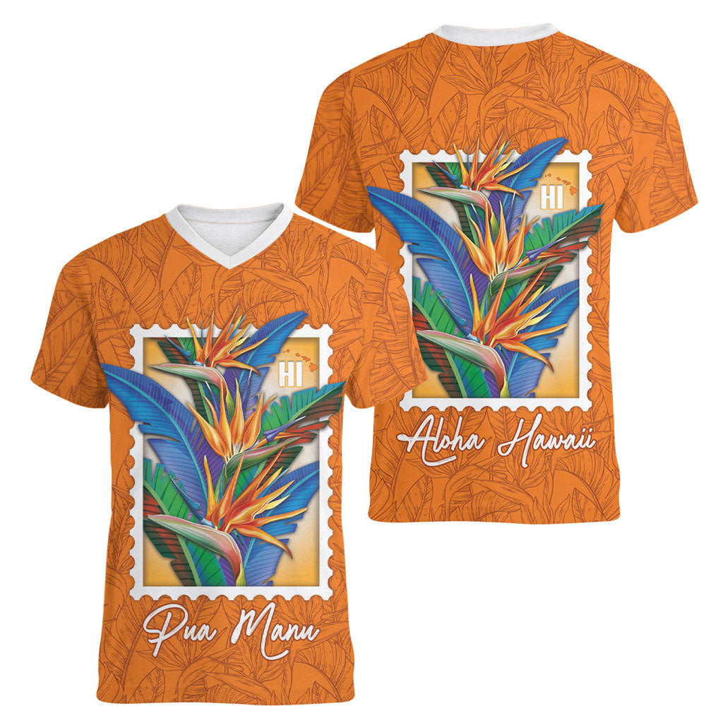 Aloha Hawaii Pua Manu Women V-Neck T-Shirt Hawaiian Bird of Paradise Flowers Stylized Stamp LT14 - Polynesian Pride