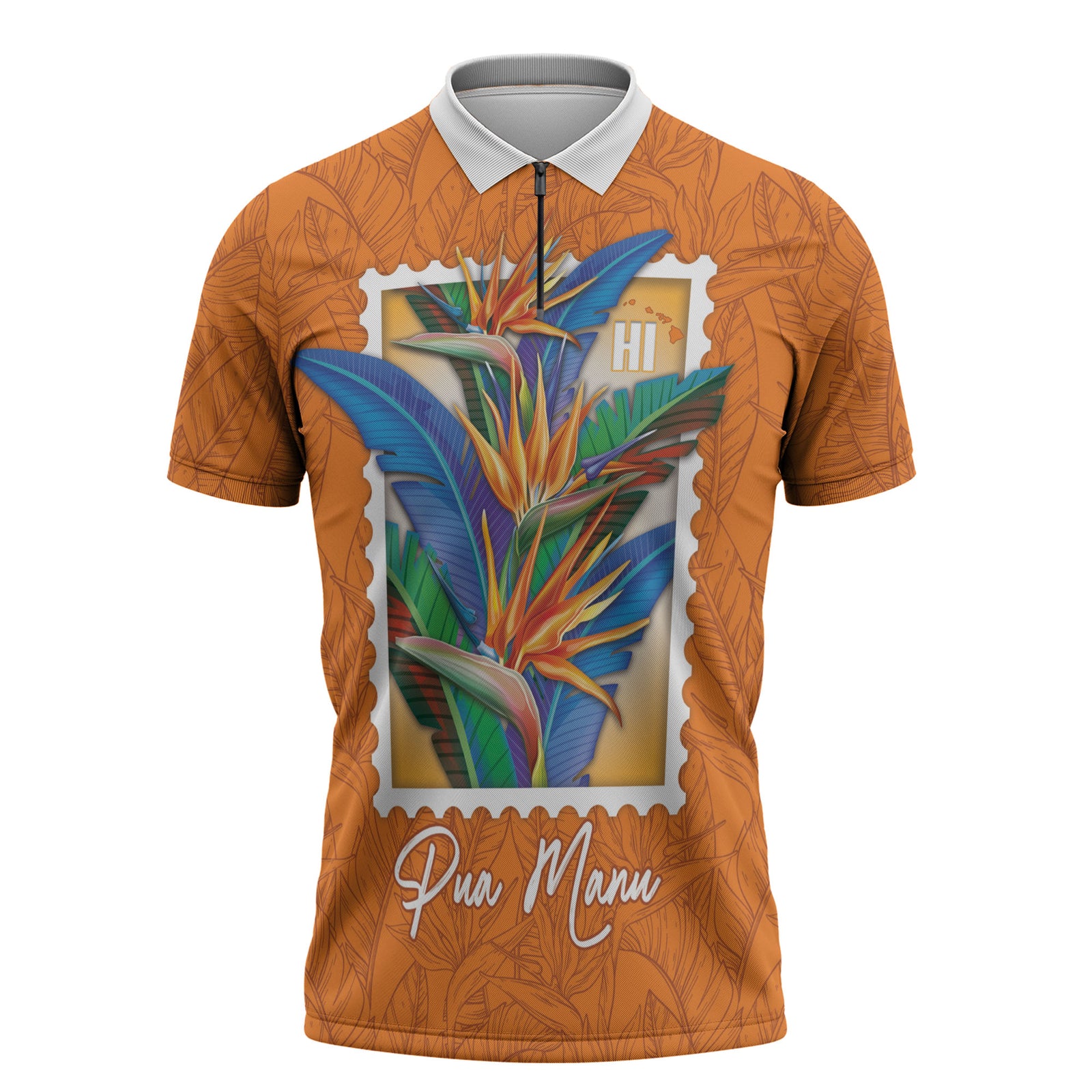 Aloha Hawaii Pua Manu Zipper Polo Shirt Hawaiian Bird of Paradise Flowers Stylized Stamp LT14 Orange - Polynesian Pride