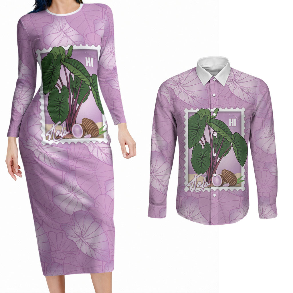 Aloha Hawaii Kalo Couples Matching Long Sleeve Bodycon Dress and Long Sleeve Button Shirt Hawaiian Taro Leaves Stylized Stamp LT14 Purple - Polynesian Pride