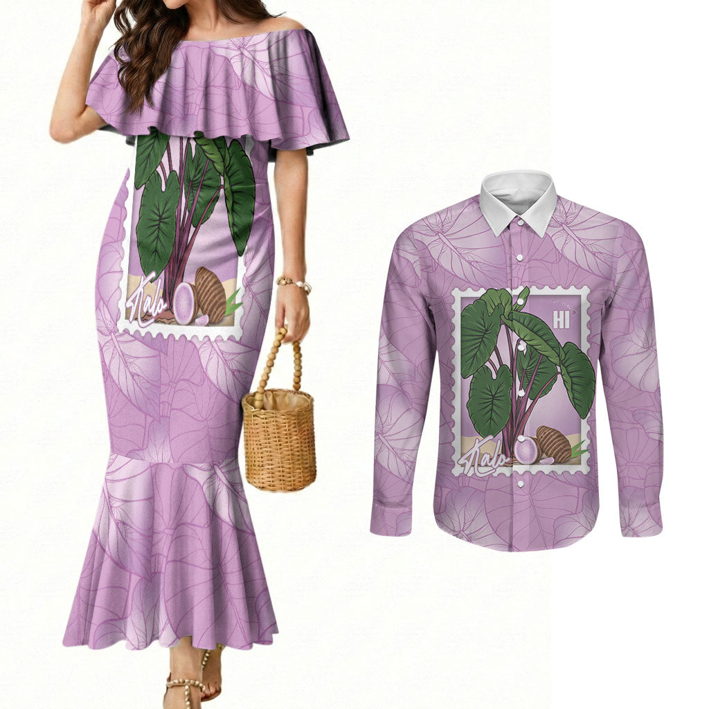 Aloha Hawaii Kalo Couples Matching Mermaid Dress and Long Sleeve Button Shirt Hawaiian Taro Leaves Stylized Stamp