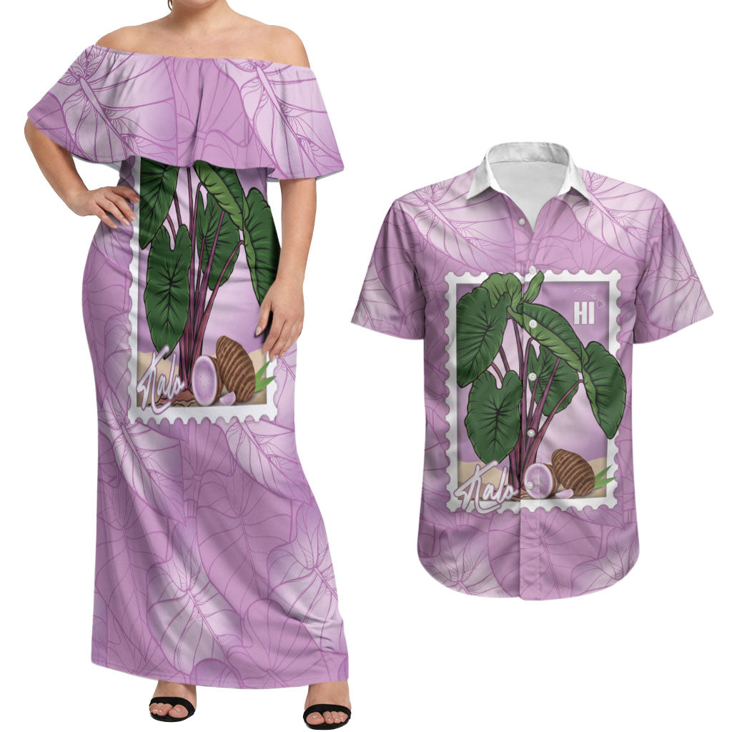 Aloha Hawaii Kalo Couples Matching Off Shoulder Maxi Dress and Hawaiian Shirt Hawaiian Taro Leaves Stylized Stamp LT14 Purple - Polynesian Pride