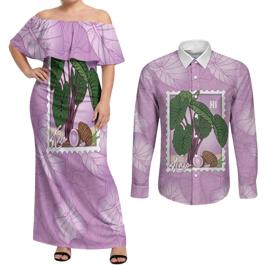 Aloha Hawaii Kalo Couples Matching Off Shoulder Maxi Dress and Long Sleeve Button Shirt Hawaiian Taro Leaves Stylized Stamp LT14 Purple - Polynesian Pride