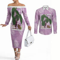 Aloha Hawaii Kalo Couples Matching Off The Shoulder Long Sleeve Dress and Long Sleeve Button Shirt Hawaiian Taro Leaves Stylized Stamp LT14 Purple - Polynesian Pride