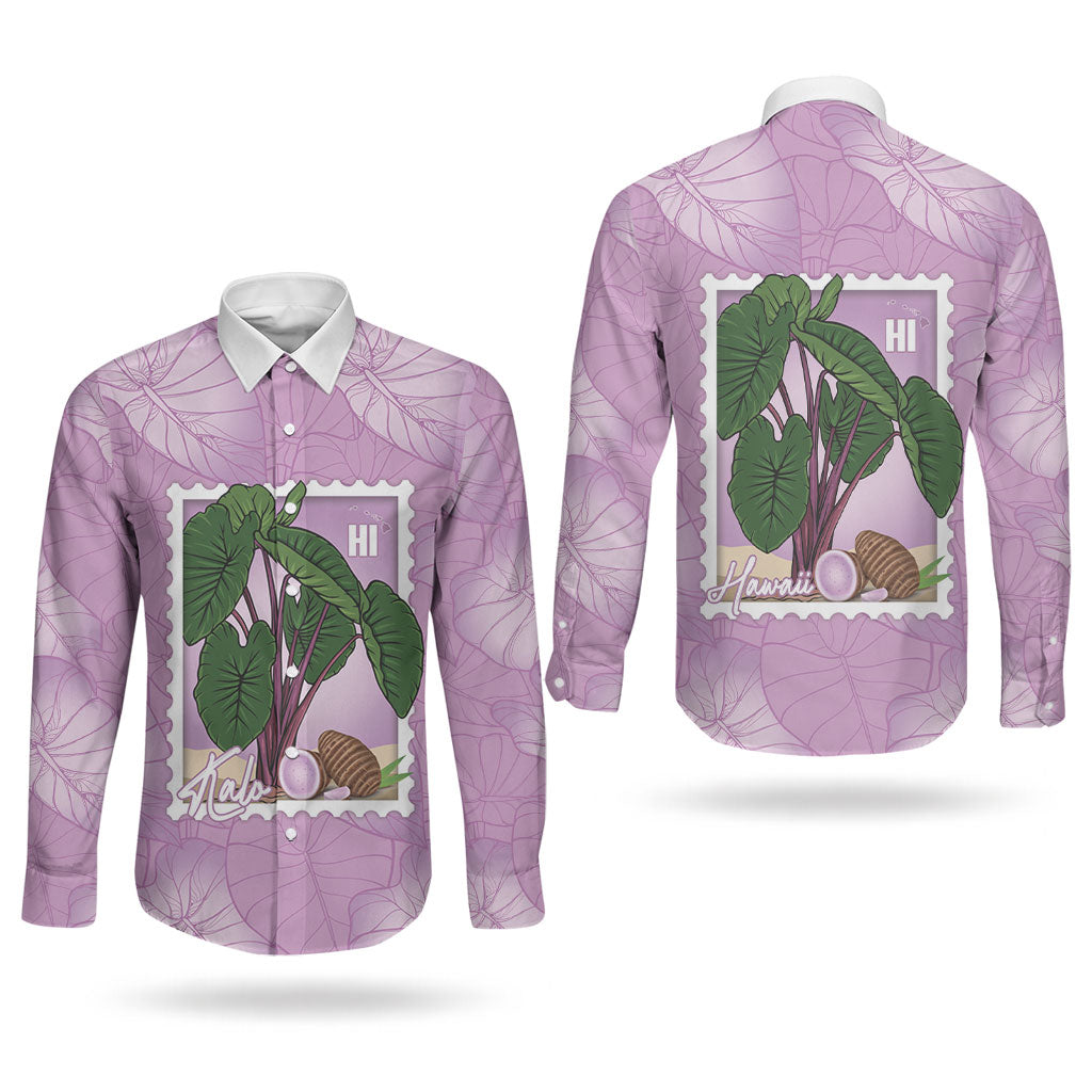 Aloha Hawaii Kalo Couples Matching Off The Shoulder Long Sleeve Dress and Long Sleeve Button Shirt Hawaiian Taro Leaves Stylized Stamp LT14 - Polynesian Pride