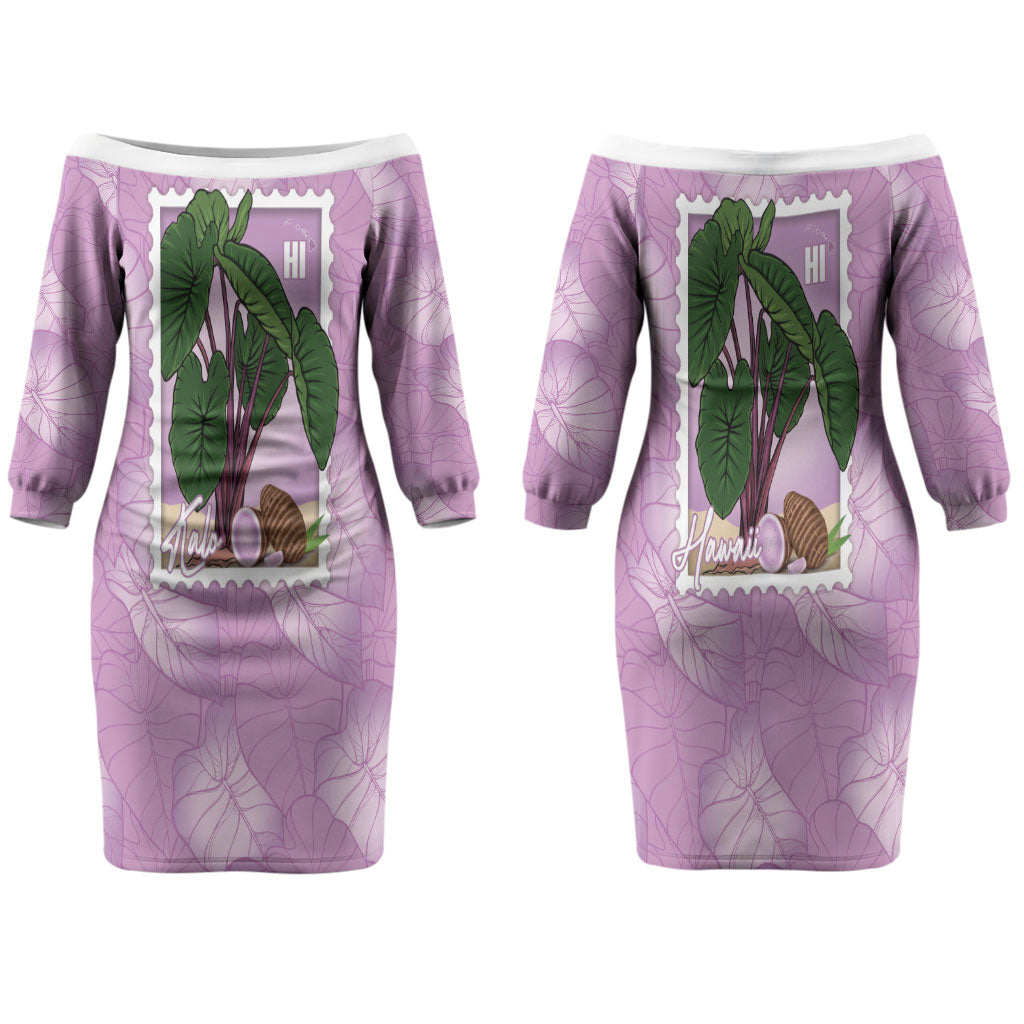 Aloha Hawaii Kalo Couples Matching Off The Shoulder Long Sleeve Dress and Long Sleeve Button Shirt Hawaiian Taro Leaves Stylized Stamp LT14 - Polynesian Pride
