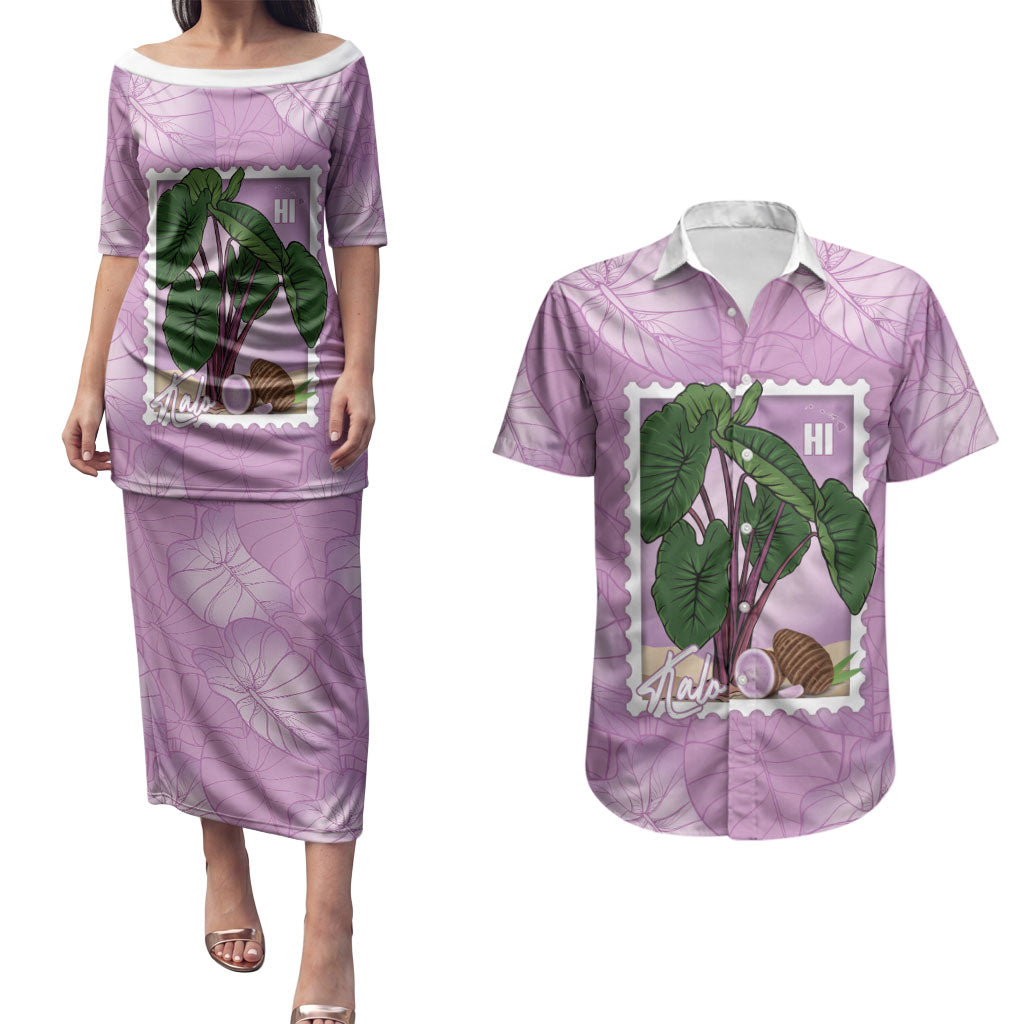Aloha Hawaii Kalo Couples Matching Puletasi and Hawaiian Shirt Hawaiian Taro Leaves Stylized Stamp LT14 Purple - Polynesian Pride