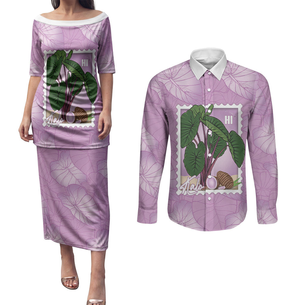 Aloha Hawaii Kalo Couples Matching Puletasi and Long Sleeve Button Shirt Hawaiian Taro Leaves Stylized Stamp LT14 Purple - Polynesian Pride