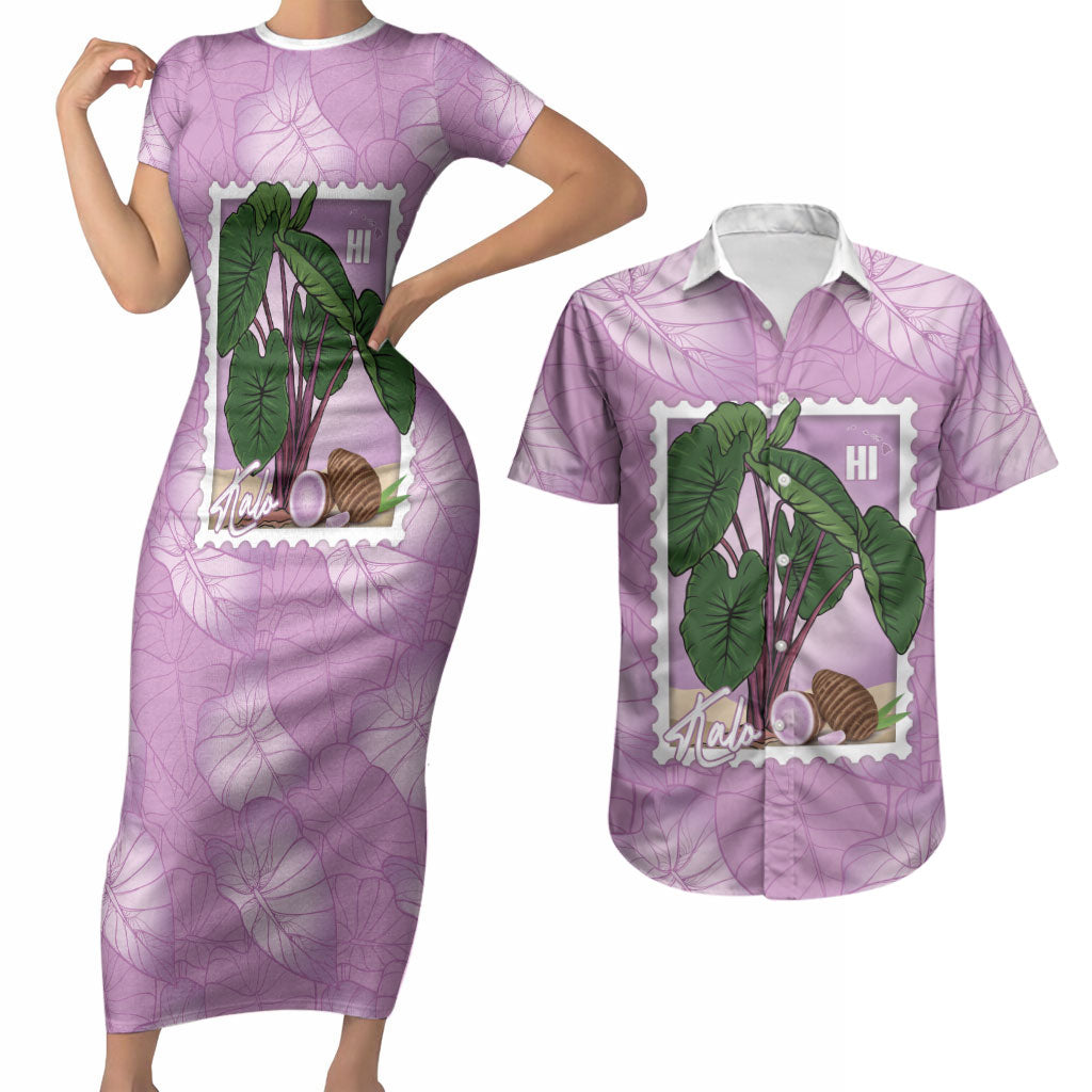 Aloha Hawaii Kalo Couples Matching Short Sleeve Bodycon Dress and Hawaiian Shirt Hawaiian Taro Leaves Stylized Stamp LT14 Purple - Polynesian Pride