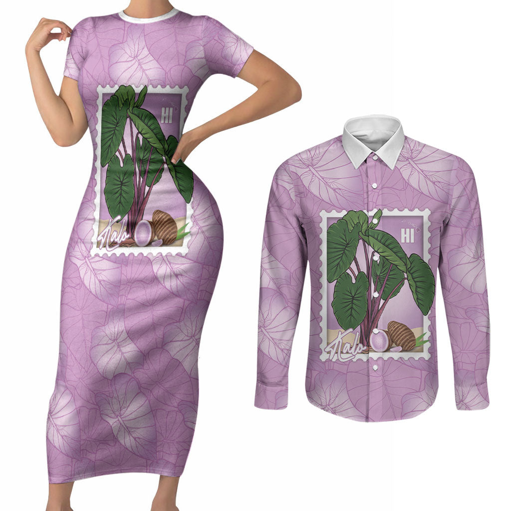 Aloha Hawaii Kalo Couples Matching Short Sleeve Bodycon Dress and Long Sleeve Button Shirt Hawaiian Taro Leaves Stylized Stamp LT14 Purple - Polynesian Pride