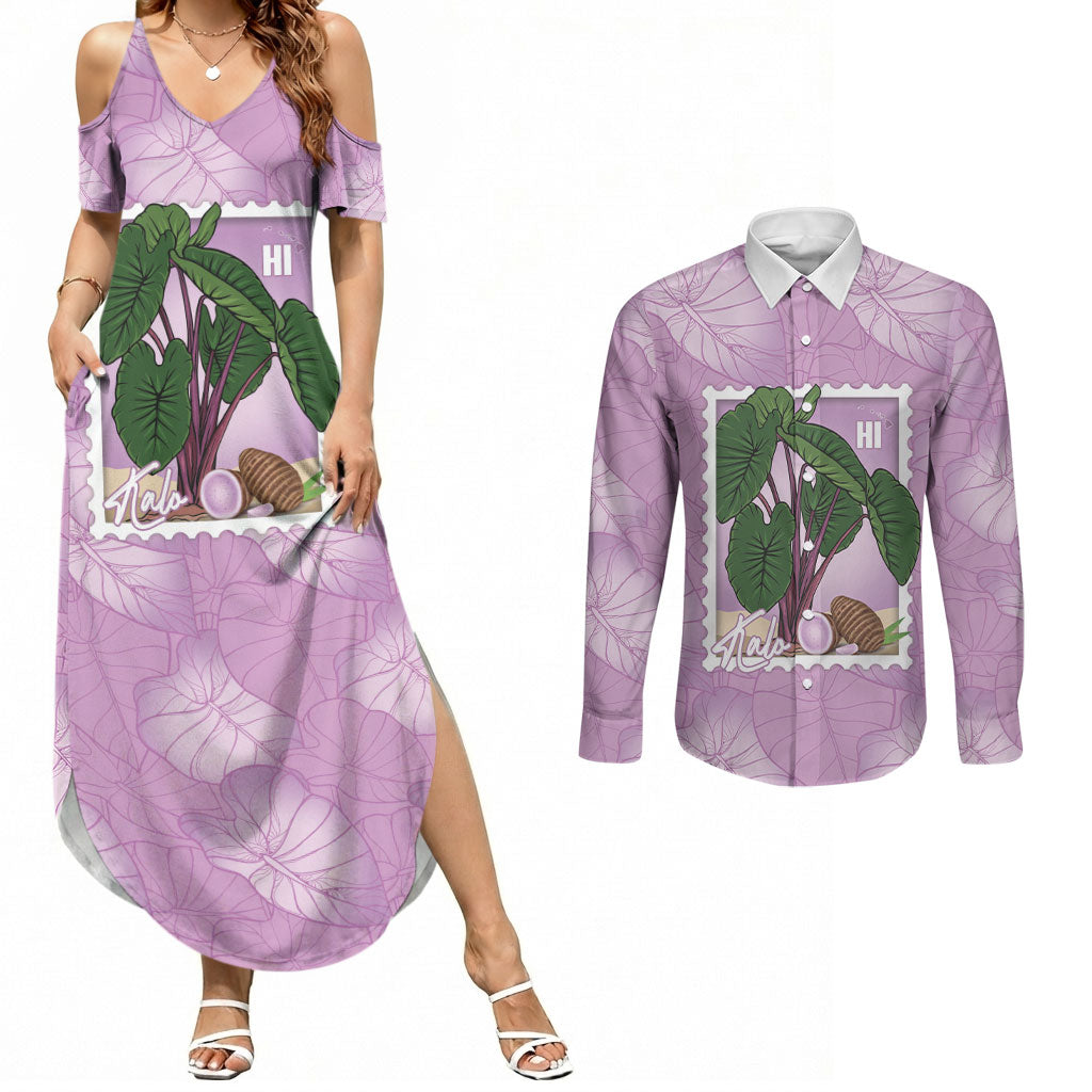 Aloha Hawaii Kalo Couples Matching Summer Maxi Dress and Long Sleeve Button Shirt Hawaiian Taro Leaves Stylized Stamp LT14 Purple - Polynesian Pride