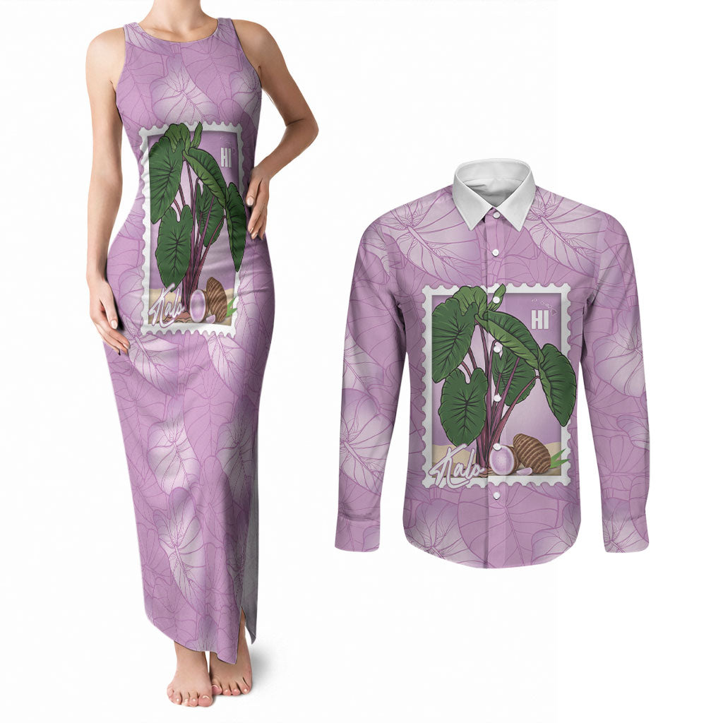 Aloha Hawaii Kalo Couples Matching Tank Maxi Dress and Long Sleeve Button Shirt Hawaiian Taro Leaves Stylized Stamp