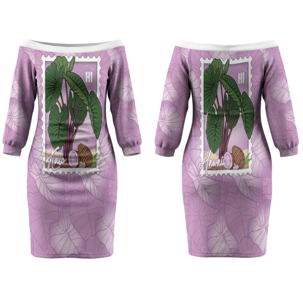 Aloha Hawaii Kalo Family Matching Off The Shoulder Long Sleeve Dress and Hawaiian Shirt Hawaiian Taro Leaves Stylized Stamp LT14 Mom's Dress Purple - Polynesian Pride
