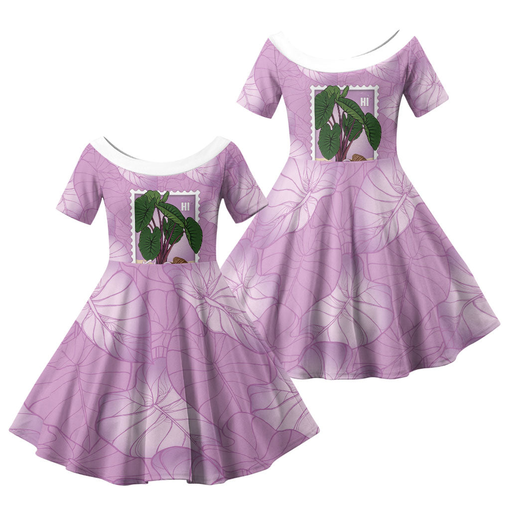 Aloha Hawaii Kalo Family Matching Off Shoulder Maxi Dress and Hawaiian Shirt Hawaiian Taro Leaves Stylized Stamp LT14 Daughter's Dress Purple - Polynesian Pride