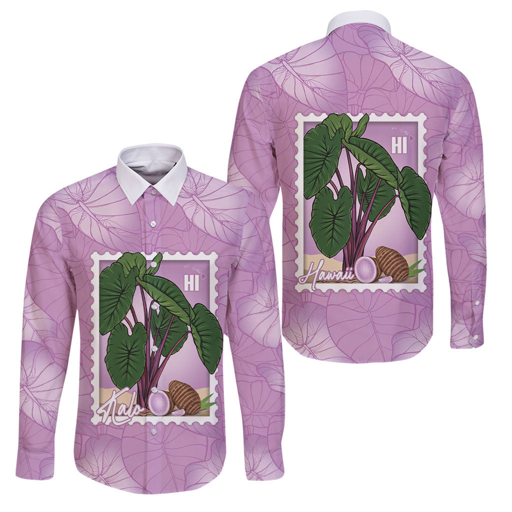 Aloha Hawaii Kalo Family Matching Puletasi and Hawaiian Shirt Hawaiian Taro Leaves Stylized Stamp LT14 Dad's Shirt - Long Sleeve Purple - Polynesian Pride