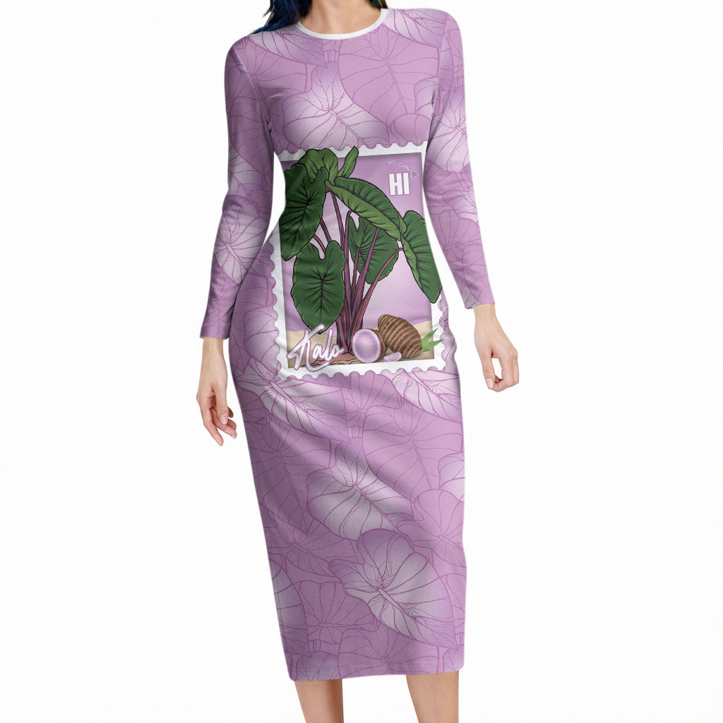 Aloha Hawaii Kalo Long Sleeve Bodycon Dress Hawaiian Taro Leaves Stylized Stamp