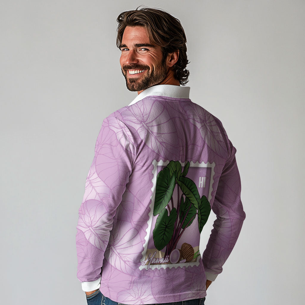 Aloha Hawaii Kalo Long Sleeve Polo Shirt Hawaiian Taro Leaves Stylized Stamp LT14 - Polynesian Pride