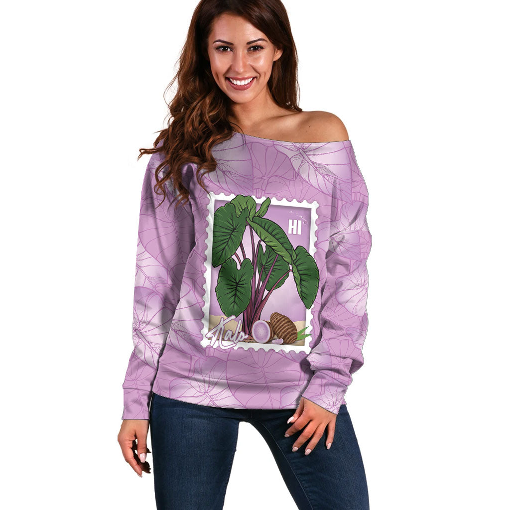 Aloha Hawaii Kalo Off Shoulder Sweater Hawaiian Taro Leaves Stylized Stamp LT14 Women Purple - Polynesian Pride