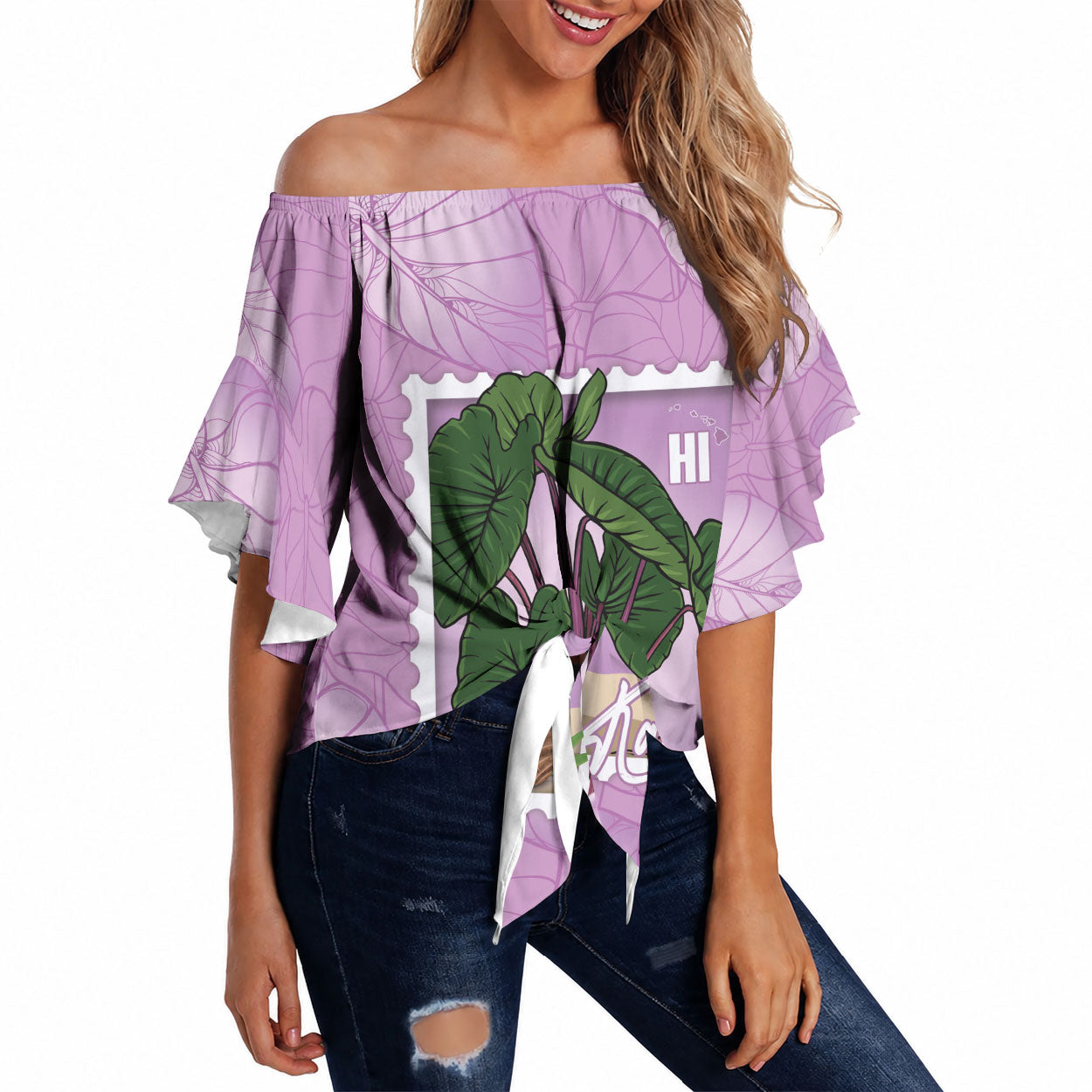 Aloha Hawaii Kalo Off Shoulder Wrap Waist Top Hawaiian Taro Leaves Stylized Stamp LT14 Purple - Polynesian Pride