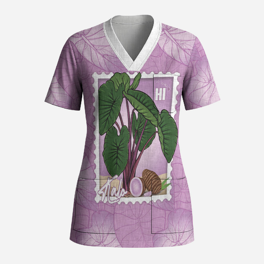 Aloha Hawaii Kalo Scrub Top Hawaiian Taro Leaves Stylized Stamp LT14 Adult Purple - Polynesian Pride
