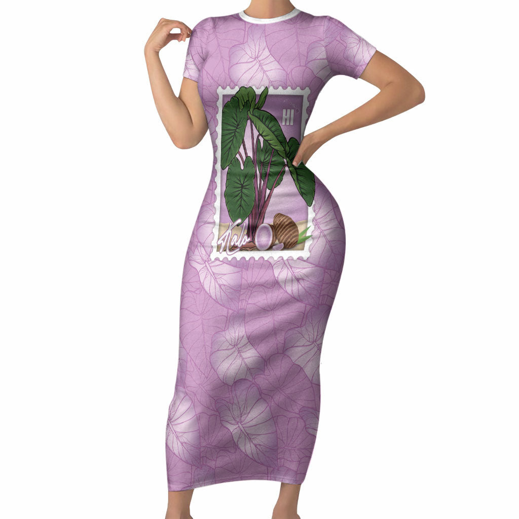 Aloha Hawaii Kalo Short Sleeve Bodycon Dress Hawaiian Taro Leaves Stylized Stamp