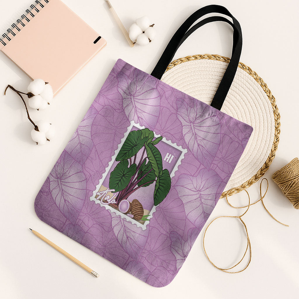 Aloha Hawaii Kalo Tote Bag Hawaiian Taro Leaves Stylized Stamp LT14 Black Strap One Size Purple - Polynesian Pride