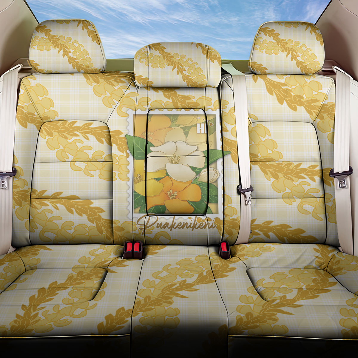 Aloha Hawaii Puakenikeni Back Car Seat Cover Hawaiian Lei Palaka Motifs Stylized Stamp LT14 One Size Yellow - Polynesian Pride