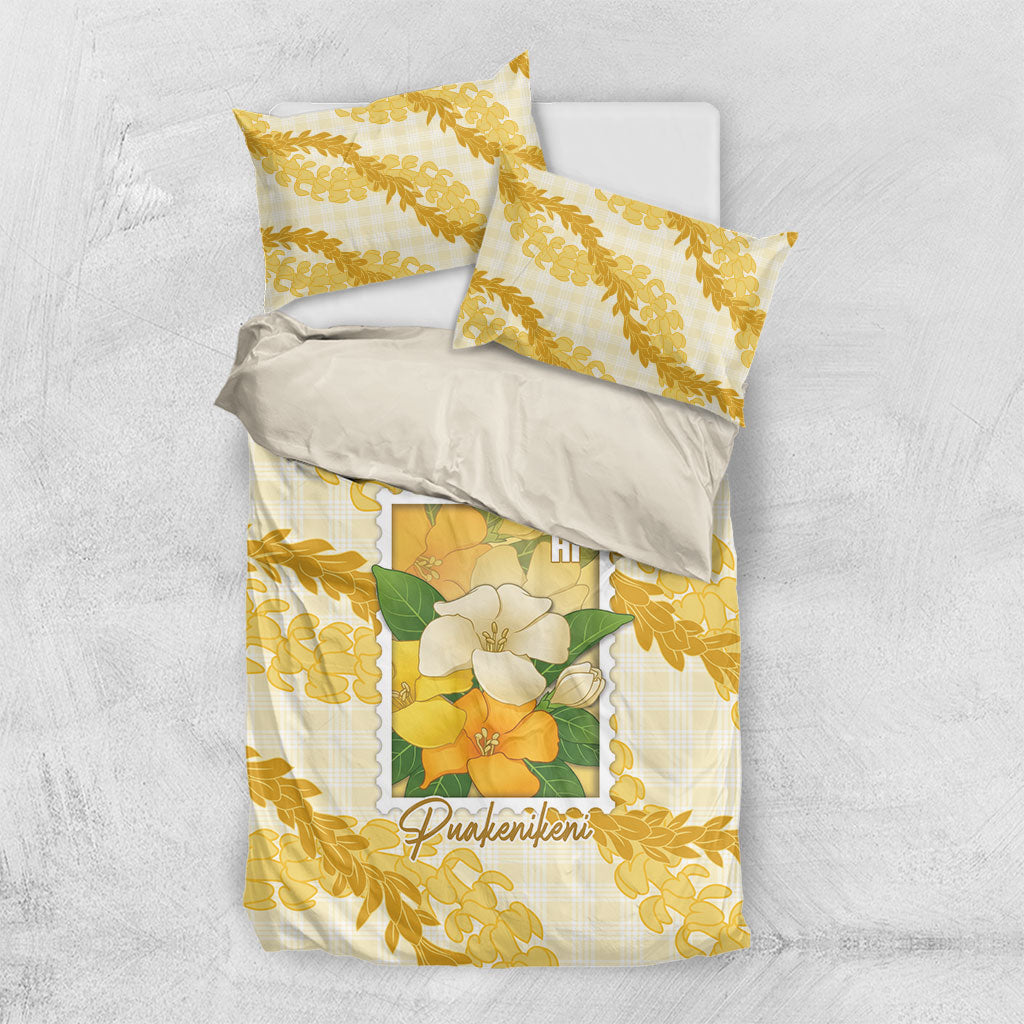 Aloha Hawaii Puakenikeni Bedding Set Hawaiian Lei Palaka Motifs Stylized Stamp LT14 US Twin 172cm x 218cm Yellow - Polynesian Pride