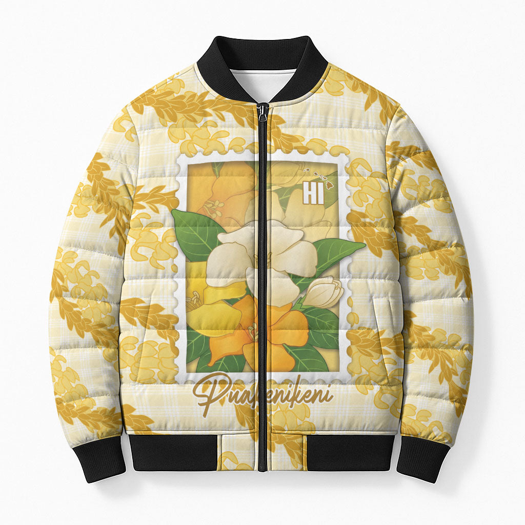 Aloha Hawaii Puakenikeni Bomber Puffer Jacket Hawaiian Lei Palaka Motifs Stylized Stamp LT14 Unisex Yellow - Polynesian Pride