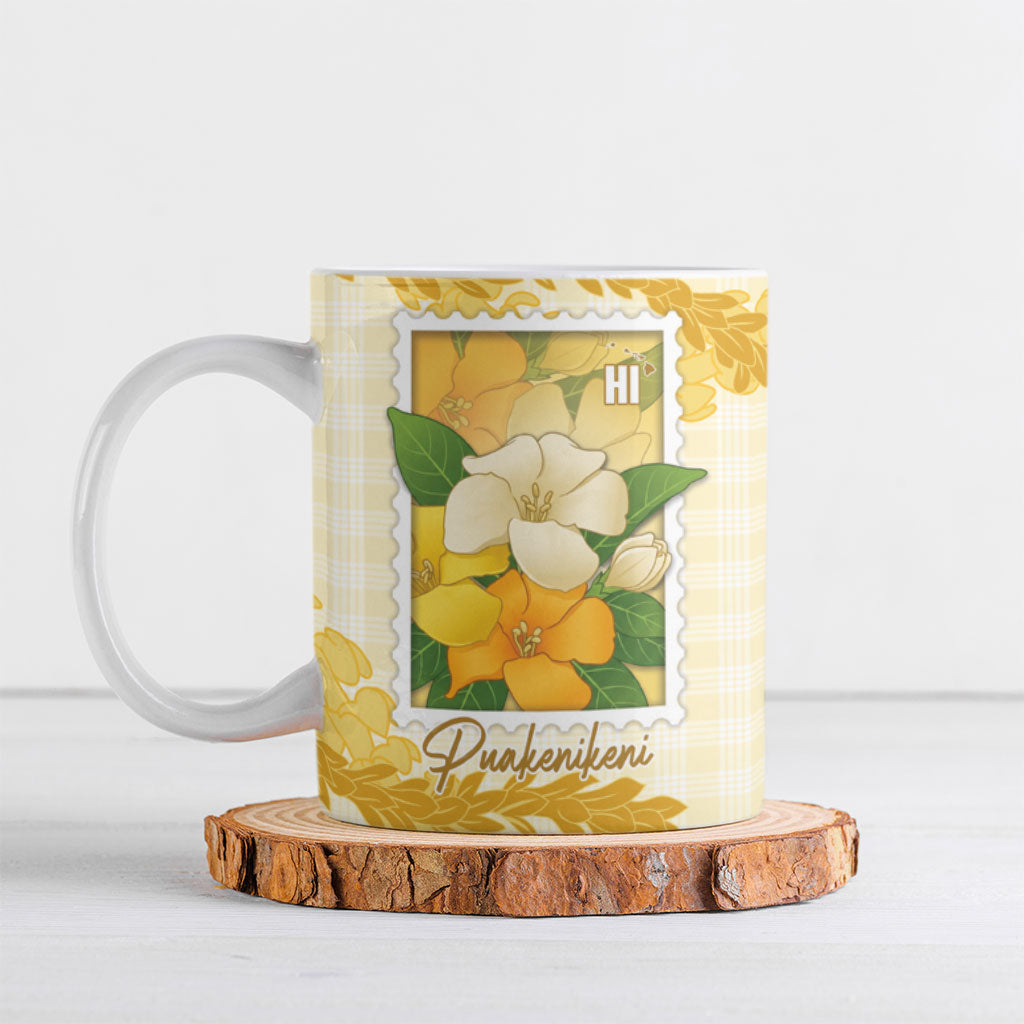 Aloha Hawaii Puakenikeni Ceramic Mug Hawaiian Lei Palaka Motifs Stylized Stamp LT14 Yellow - Polynesian Pride
