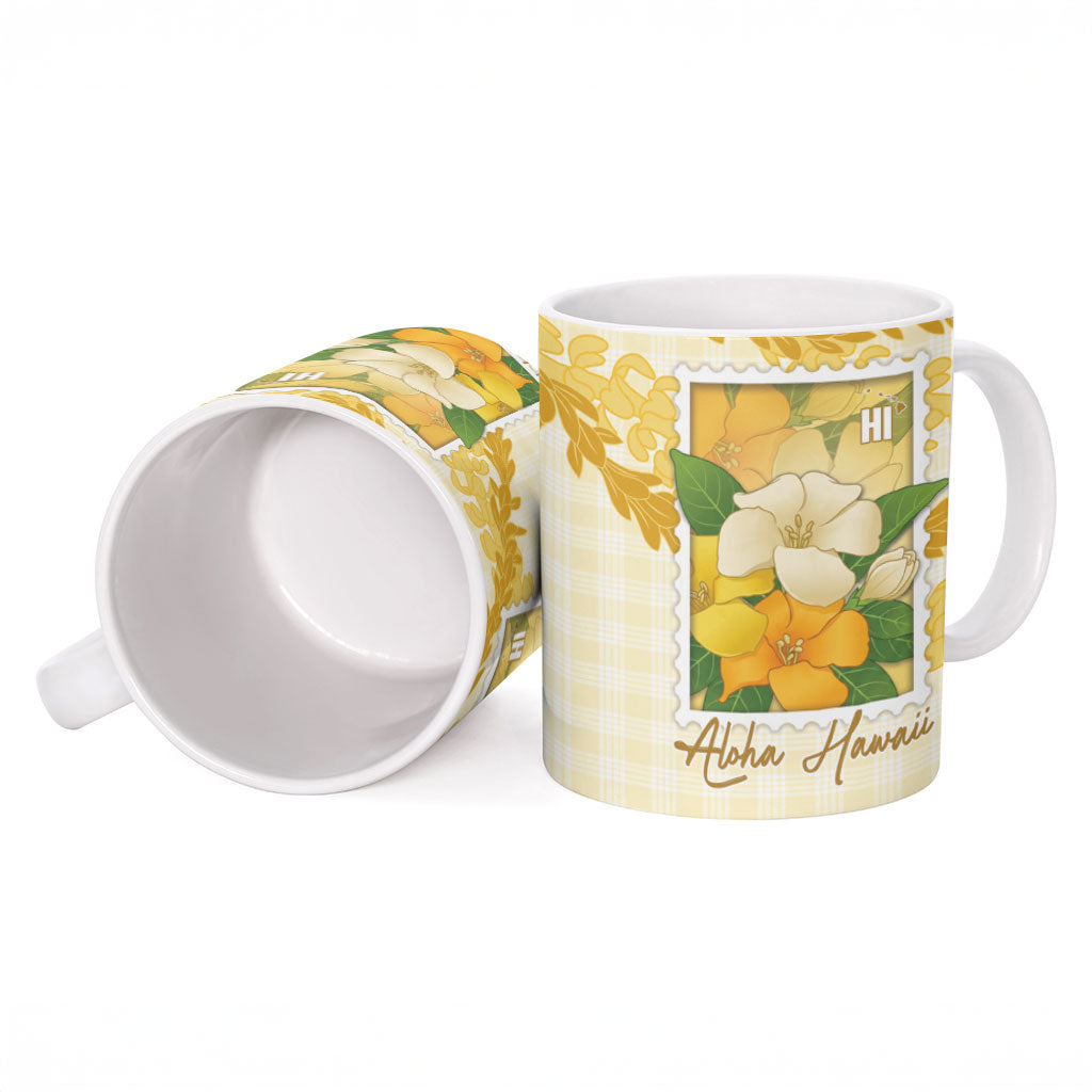 Aloha Hawaii Puakenikeni Ceramic Mug Hawaiian Lei Palaka Motifs Stylized Stamp LT14 - Polynesian Pride