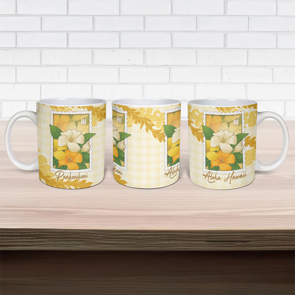 Aloha Hawaii Puakenikeni Ceramic Mug Hawaiian Lei Palaka Motifs Stylized Stamp LT14 - Polynesian Pride