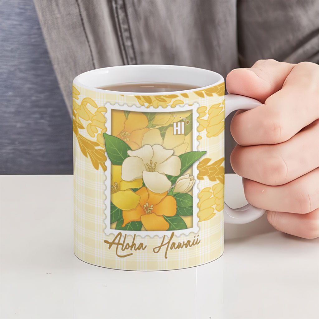 Aloha Hawaii Puakenikeni Ceramic Mug Hawaiian Lei Palaka Motifs Stylized Stamp LT14 - Polynesian Pride