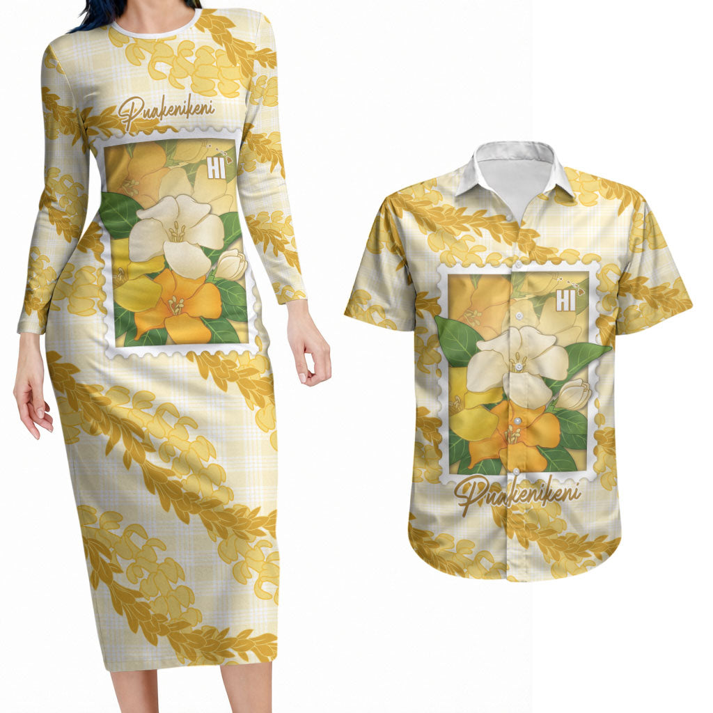 Aloha Hawaii Puakenikeni Couples Matching Long Sleeve Bodycon Dress and Hawaiian Shirt Hawaiian Lei Palaka Motifs Stylized Stamp LT14 Yellow - Polynesian Pride