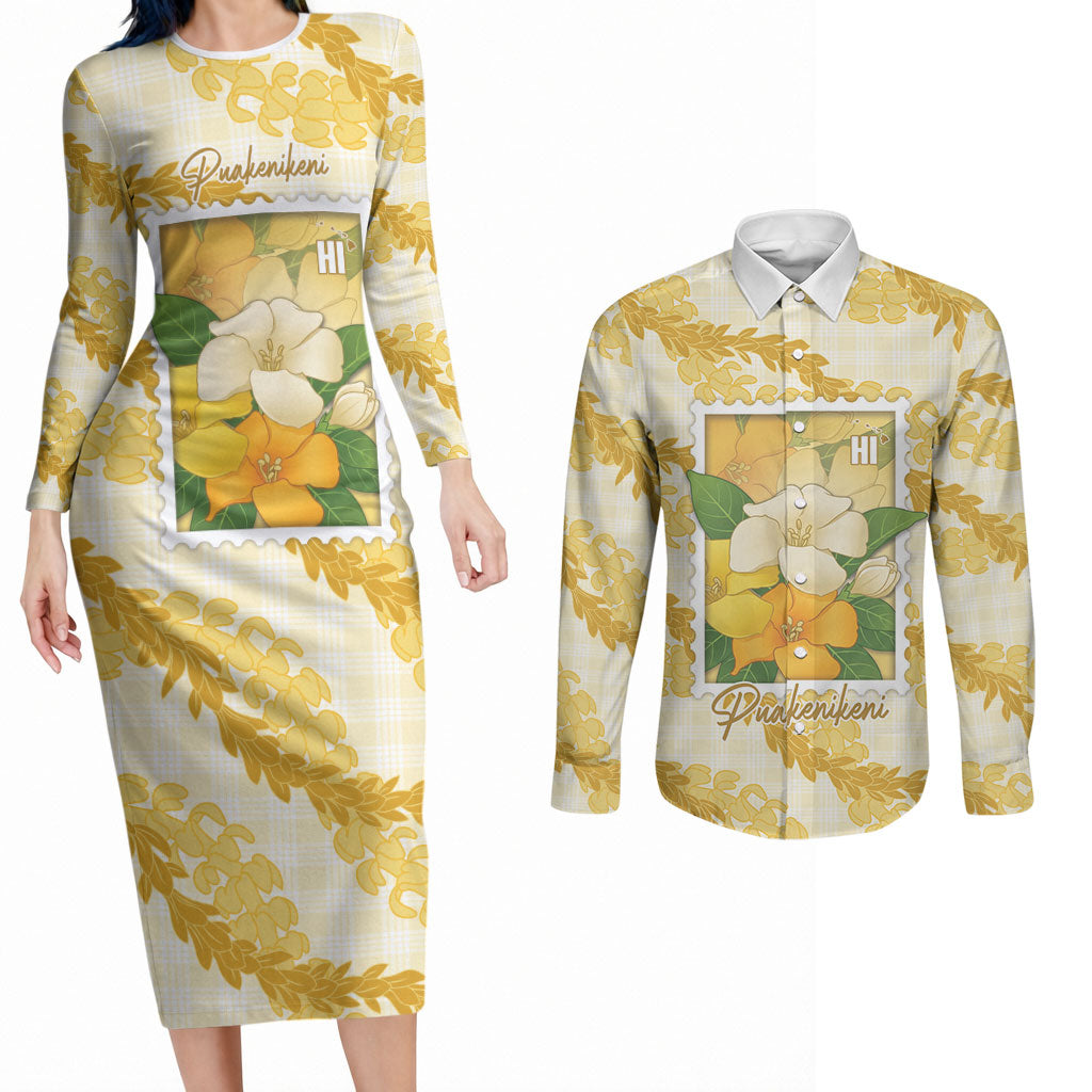 Aloha Hawaii Puakenikeni Couples Matching Long Sleeve Bodycon Dress and Long Sleeve Button Shirt Hawaiian Lei Palaka Motifs Stylized Stamp LT14 Yellow - Polynesian Pride