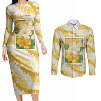 Aloha Hawaii Puakenikeni Couples Matching Long Sleeve Bodycon Dress and Long Sleeve Button Shirt Hawaiian Lei Palaka Motifs Stylized Stamp LT14 Yellow - Polynesian Pride