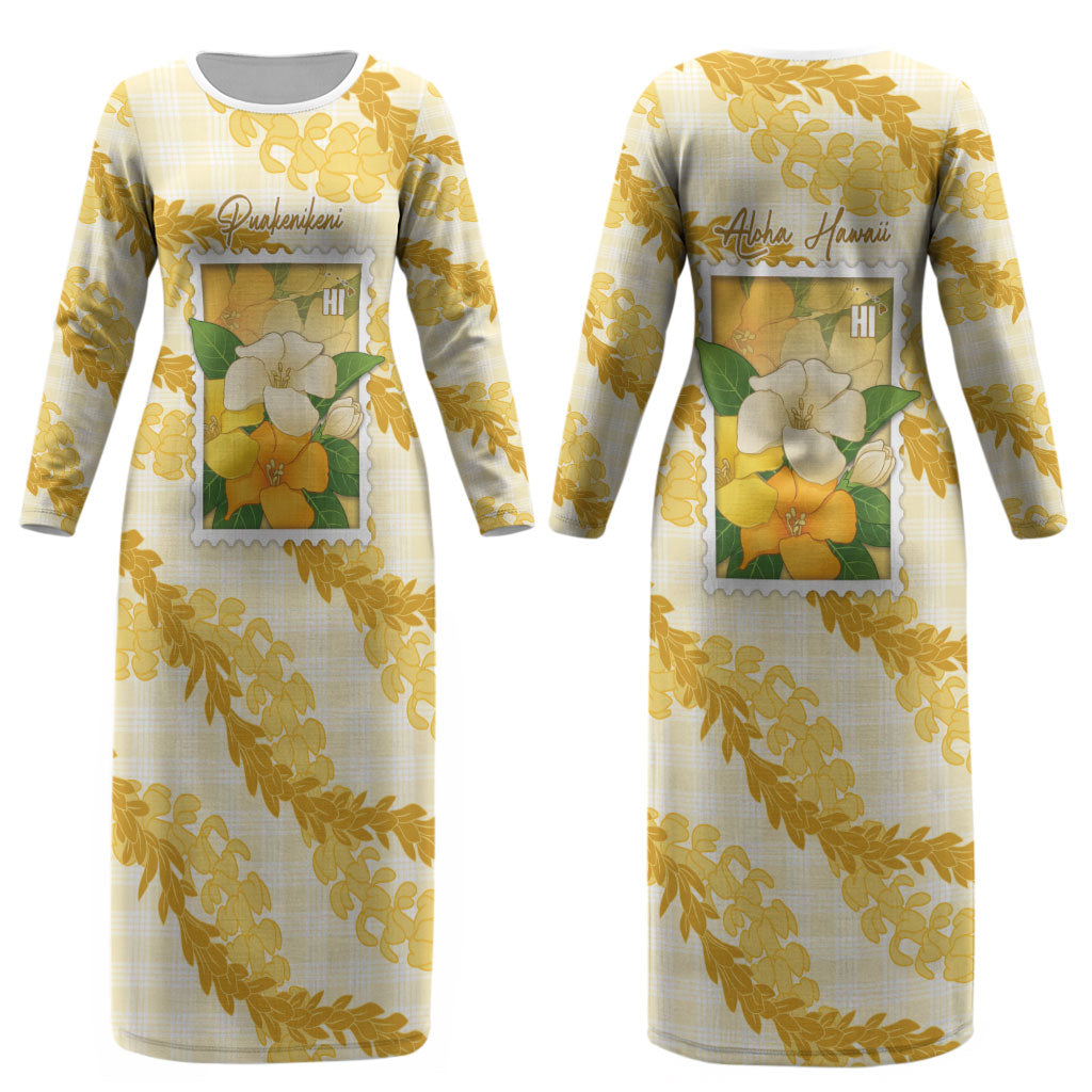 Aloha Hawaii Puakenikeni Couples Matching Long Sleeve Bodycon Dress and Long Sleeve Button Shirt Hawaiian Lei Palaka Motifs Stylized Stamp LT14 - Polynesian Pride