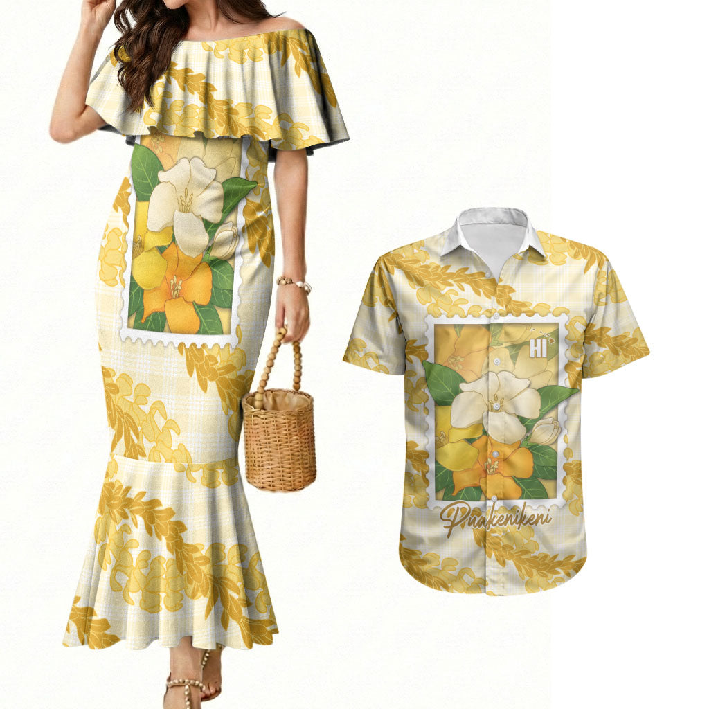 Aloha Hawaii Puakenikeni Couples Matching Mermaid Dress and Hawaiian Shirt Hawaiian Lei Palaka Motifs Stylized Stamp LT14 Yellow - Polynesian Pride