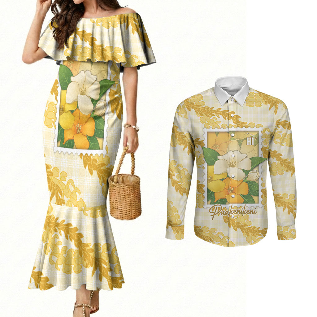 Aloha Hawaii Puakenikeni Couples Matching Mermaid Dress and Long Sleeve Button Shirt Hawaiian Lei Palaka Motifs Stylized Stamp