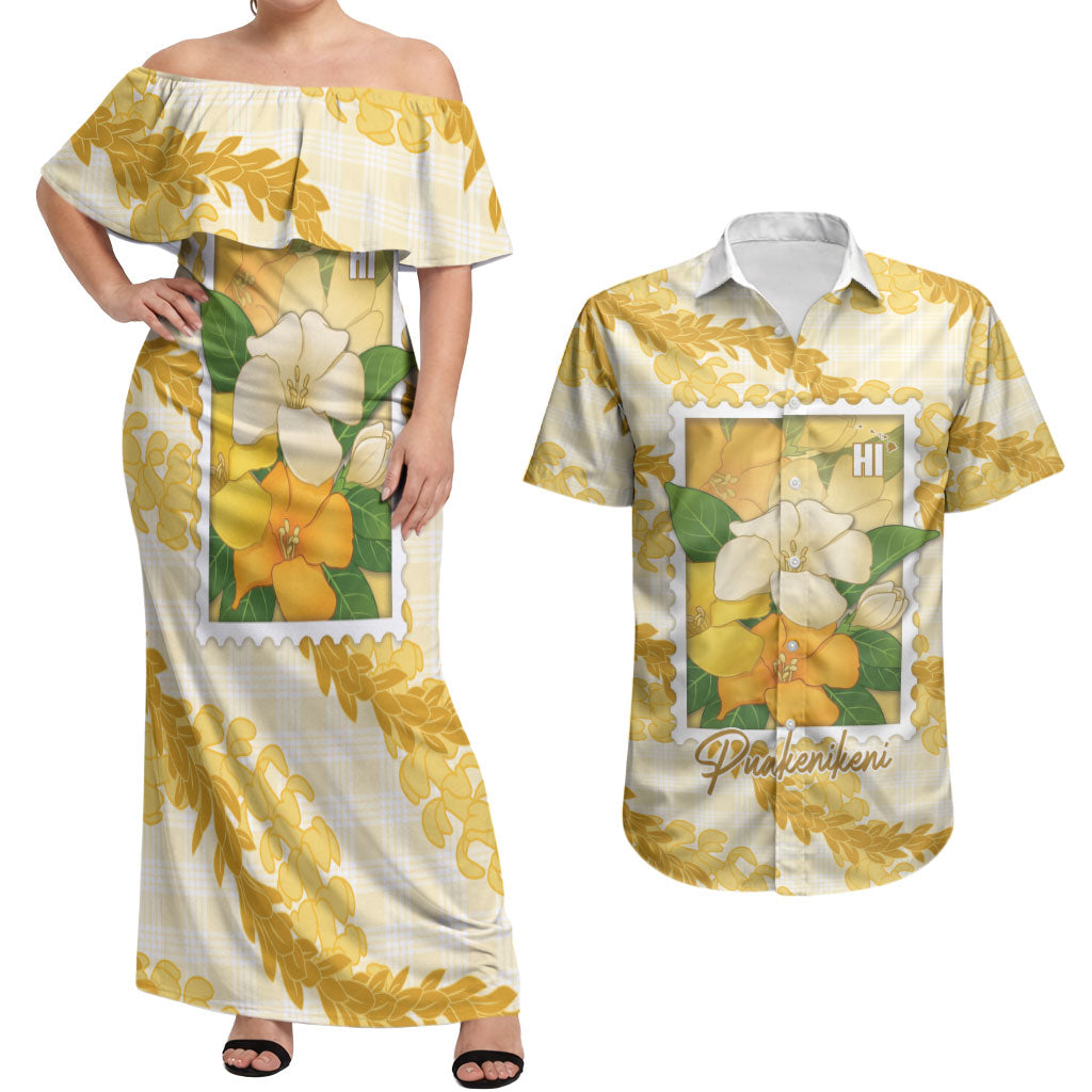 Aloha Hawaii Puakenikeni Couples Matching Off Shoulder Maxi Dress and Hawaiian Shirt Hawaiian Lei Palaka Motifs Stylized Stamp LT14 Yellow - Polynesian Pride