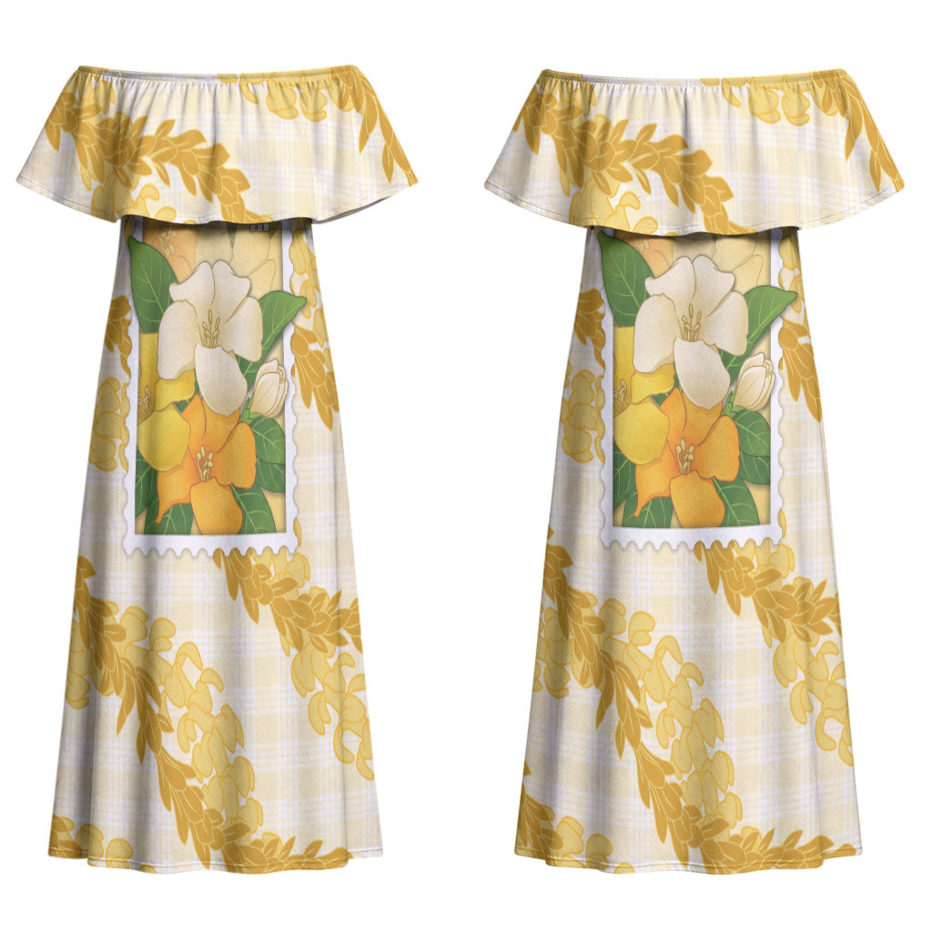 Aloha Hawaii Puakenikeni Couples Matching Off Shoulder Maxi Dress and Hawaiian Shirt Hawaiian Lei Palaka Motifs Stylized Stamp LT14 - Polynesian Pride