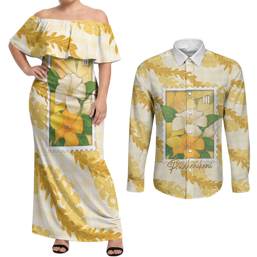 Aloha Hawaii Puakenikeni Couples Matching Off Shoulder Maxi Dress and Long Sleeve Button Shirt Hawaiian Lei Palaka Motifs Stylized Stamp LT14 Yellow - Polynesian Pride