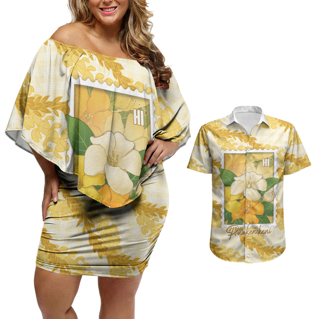 Aloha Hawaii Puakenikeni Couples Matching Off Shoulder Short Dress and Hawaiian Shirt Hawaiian Lei Palaka Motifs Stylized Stamp LT14 Yellow - Polynesian Pride