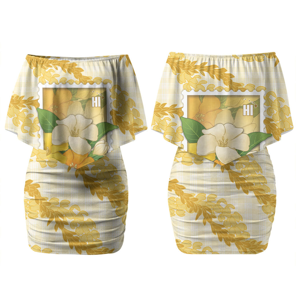Aloha Hawaii Puakenikeni Couples Matching Off Shoulder Short Dress and Long Sleeve Button Shirt Hawaiian Lei Palaka Motifs Stylized Stamp LT14 - Polynesian Pride